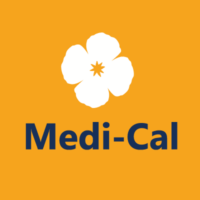 Medi-Cal logo with white flower and orange background